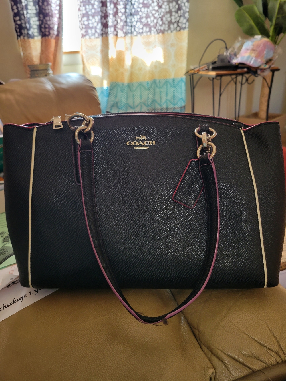 Coach Black Leather Shoulder Bag with Pink Trim and Cream Piping